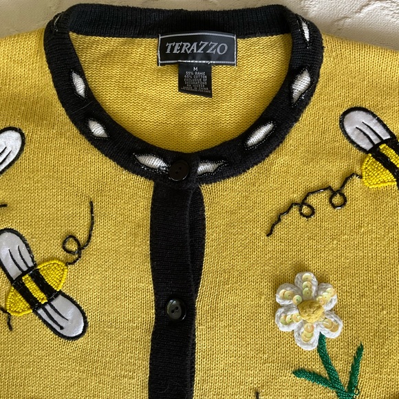 TERAZZO Yellow & Black Beaded & Sequin Honey Bee Cardigan Sweater Women’s M - Picture 2 of 6